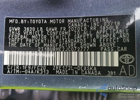 2018 Toyota Corolla L from USA, damaged, VIN 2T1BURHE2JC072777